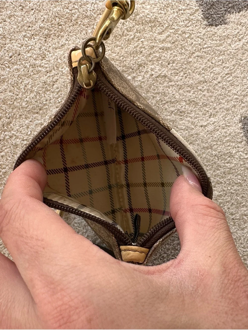 Coach Brown and Cream Signature Zip Wristlet with Gold Hardware